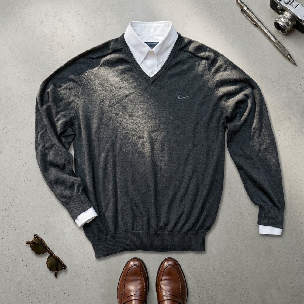 Nike Men's M V-Neck Sweater Wool Blend Black Old Money Preppy Minimalist Y2K